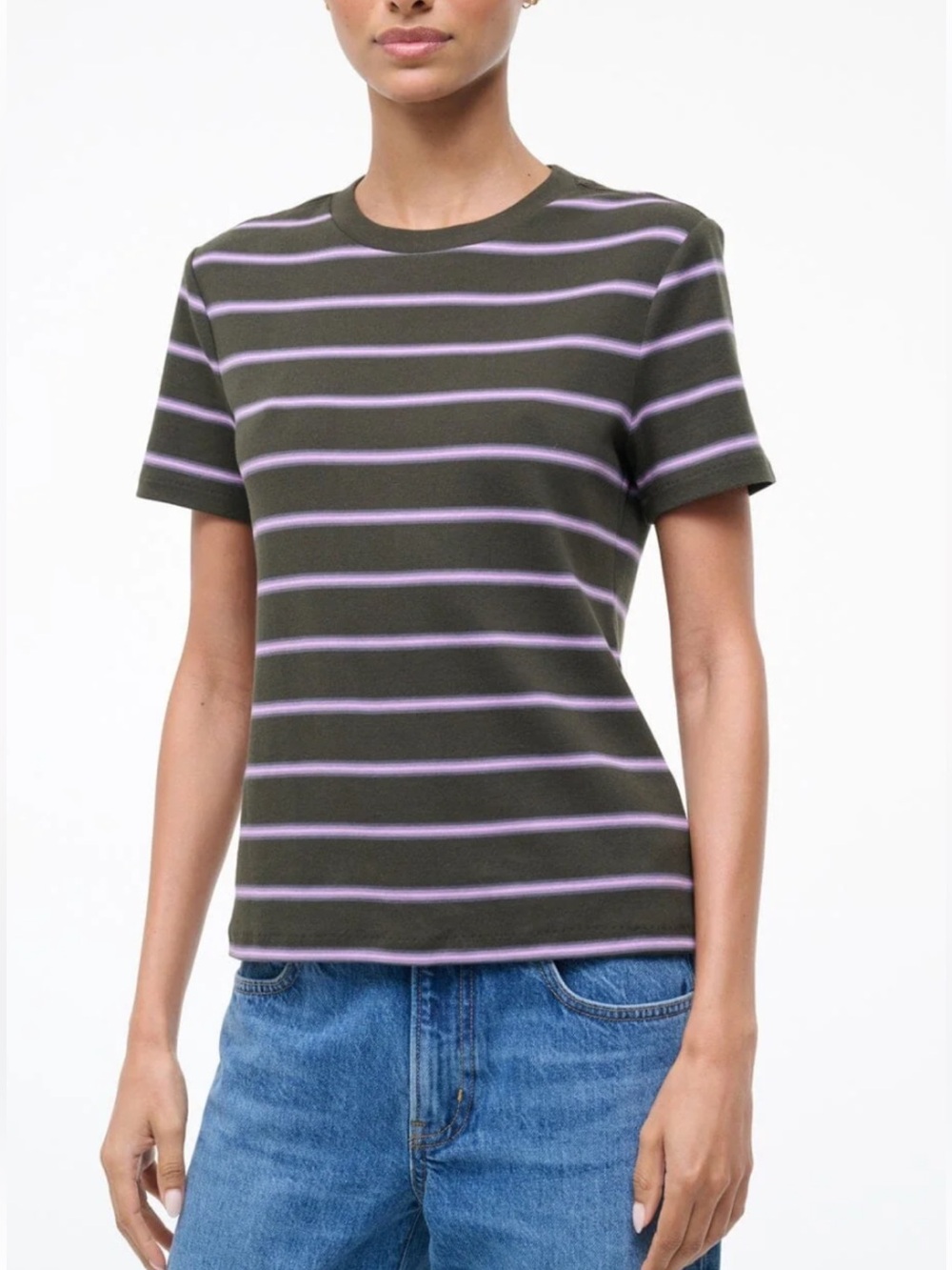 STAUD WEEKEND CREW TEE in PINE STRIPE deep olive green & purple stripe size MED